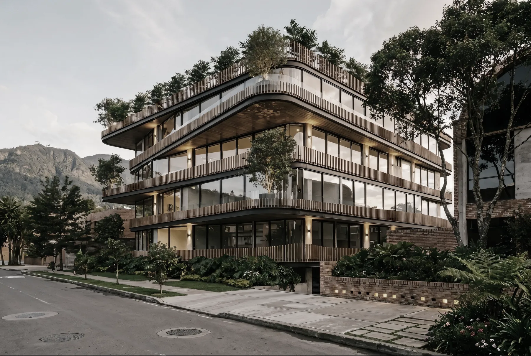 Esquina de ALTÁI con fachada de vidrio, balcones curvos y vegetación