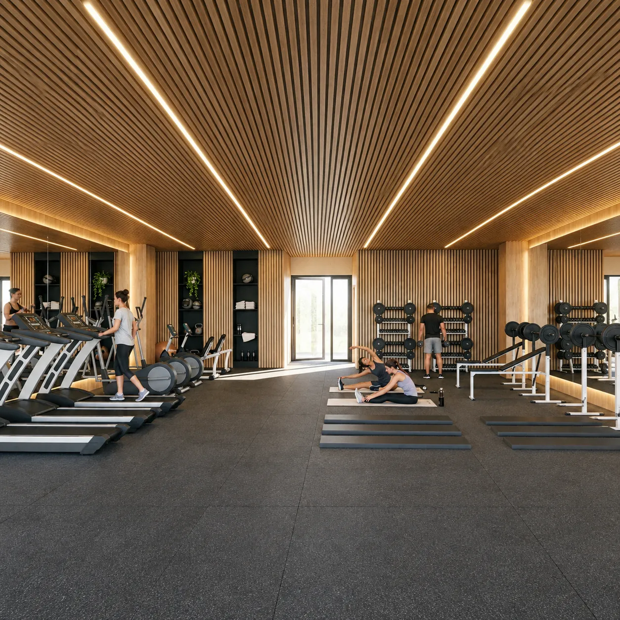 Gimnasio con cielo raso en listones de madera