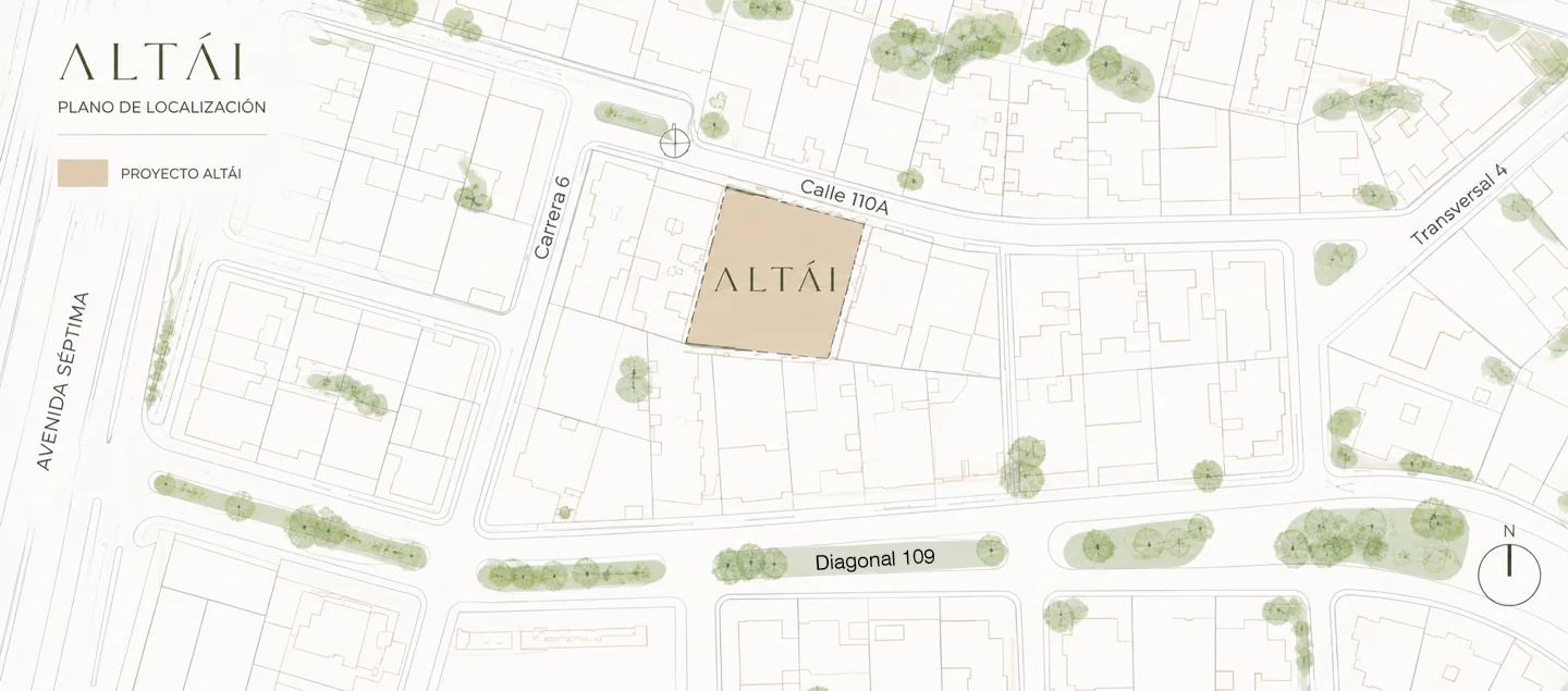 Plano de localización de ALTÁI entre la Calle 110A, la Carrera 5 y la Avenida Séptima